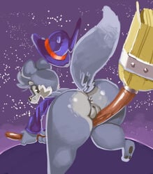 anthro anus ass asswolf big_ass broom canine female freckles fur furry looking_at_viewer magic_user mammal oriole_(artist) pussy wide_hips witch