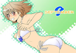 bikini breasts brown_hair kouda_tomohiro mizugi original pink_eyes short_hair side-tie_bikini swimsuit