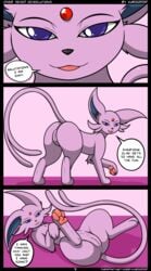 2014 absurdres anus blue_eyes dialog eeveelution english_text envy_(kuroodod) espeon female feral fur furaffinity_username highres kuroodod looking_at_viewer lying nintendo on_back open_mouth page_5 paws pokémon_(species) pokemon purple_fur pussy solo text