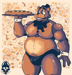 1boy 2021 animatronic anthro arm_hair barazoku biceps big_bow_tie big_pecs black_eyes black_nose body_hair border bow_tie brown_background brown_body bulge clothed clothing digital_drawing_(artwork) digital_media_(artwork) dogmanart five_nights_at_freddy's food freddy_(fnaf) hair half-closed_eyes hat headgear headwear hi_res holding_food holding_object machine male male_only mammal manly mostly_nude multicolored_body musclegut muscular narrowed_eyes navel orange_background pecs pepperoni pepperoni_pizza pixel_art pizza presenting_bulge raised_arm robot round_ears scut_tail short_tail simple_background solo speedo standing stomach_hair swimwear teeth thick_thighs top_hat topless topless_male tray triceps two_tone_body ursid video_games white_background white_border