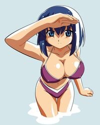 bikini blue_eyes blue_hair blush breasts cleavage erect_nipples high_resolution huge_breasts kokubunji_koyori mizugi nurse_witch_komugi-chan oppai short_hair tagme vector_trace water