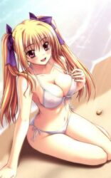 bikini blonde_hair blush breasts cleavage hair_ribbon high_res highres kannatsuki_noboru mizugi nipples oppai photoshop pointy_chin pubic_hair purple_eyes ribbon see-through see-through_bikini shinkyoku_soukai_polyphonica side-tie_bikini sitting swimsuit tied_hair twintails water yugiri_perserte