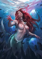 1girls 2014 abraao_lucas ariel breasts casual casual_exposure disney exposed exposed_breasts female female_only long_hair looking_at_viewer mermaid navel necklace nipples ocean png realistic red_hair signature solo tail tail_fin the_little_mermaid topless underwater water white_eyes