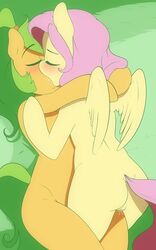 2014 2girls 3mangos ass blush closed_eyes duo equine female female_only fluttershy_(mlp) friendship_is_magic fur green_hair hair hi_res horse kissing long_hair mammal mango_(character) my_little_pony nude pegasus pink_hair pony pussy pussy_juice saliva straight_hair wings yellow_fur yuri