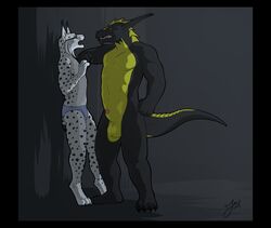 2014 abs angry anthro aroused balls black_skin busted clothing dragon duo eyewear feline fur glasses liquid36 lynx male mammal nude penis scalie size_difference standing tagme underwear yellow_skin