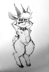 aisling annoyed armpits arms_behind_head ass big_butt breasts caprine collar demon female goat looking_away mammal oriole_(artist) pussy sketch solo wide_hips