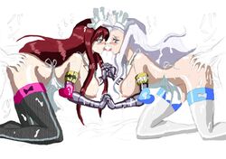 2boys 2girls areola armor ass_grab breasts busty cum cum_on_body cum_on_clothes cum_on_face doggy_style erect_nipples erza_scarlet fairy_tail foursome gauntlet hair hand_on_ass hands_on_ass kissing legwear maid maid_headdress mirajane_strauss multiple_boys nipples red_hair seduction_armor tongue tongue_out voluptuous white_hair