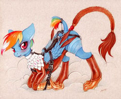 2014 blue_fur blush bondage bound equine female feral friendship_is_magic fuchs fur hair horse leather looking_at_viewer mammal multicolored_hair my_little_pony pegasus pony purple_eyes rainbow_dash_(mlp) rainbow_hair sex_toy smile solo spandex wings