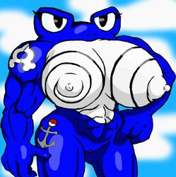 2014 amphibian anthro anthrofied biceps big_breasts breasts female frog huge_breasts muscles muscular muscular_female nintendo nipples nude pokemon poliwrath solo standing tattoo team_aqua video_games