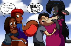 2014 anthro big_breasts blacksen breasts cleavage clothed clothing dark_skin dialog english_text female fingering gigantic_breasts hug human male mammal mouse rachel_navado rodent smile text yuri