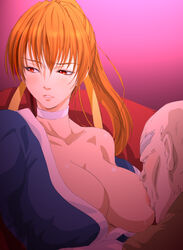 1boy age_difference bare_shoulders breast_sucking breasts choker dead_or_alive female higashitaishi kasumi_(doa) large_breasts old_man orange_hair ponytail red_eyes solo_focus tied_hair