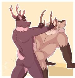 2022 age_difference anal anal_sex anthro anthro_on_anthro anthro_penetrated anthro_penetrating anthro_penetrating_anthro antler_grab antlers ass back_muscles balls biceps border capreoline deer digital_media_(artwork) duo espen_(verdedeer) eyebrows facial_hair from_behind_position fur genitals hair hi_res horn jules_(verdedeer) male male/male male_penetrated male_penetrating male_penetrating_male mammal mature_anthro mature_male moustache muscular muscular_anthro muscular_male nude older_penetrated pecs penetration penile penile_penetration penis_in_ass reindeer sex smile standing tail verdedeer white_border