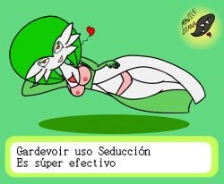 breasts diana_roel female female_focus female_only gardevoir generation_3_pokemon green_hair mawilediana nintendo nipples pokémon_(species) pokemon pokemon_(species) pokemon_move red_eyes spanish_text text white_body