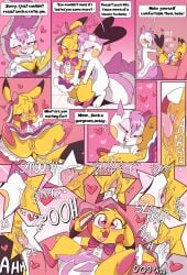 absurd_res anthro clothed clothing comic cosplay_pikachu cunnilingus dialogue english_text female female/female fuf fur genitals hi_res licking nintendo oral pachirisu pikachu pikachu_pop_star pokemon pokemon_(species) pussy sex text tongue tongue_out vaginal_penetration white_body white_fur yellow_body yellow_fur