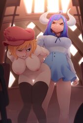 2girls angry big_breasts blue_hair breasts captured clothed clothed_female_nude_female curvy dress female female_only hat horns koala_(one_piece) long_hair mask multiple_girls mycrys nude one_piece orange_hair pussy short_hair thighhighs ulti_(one_piece)