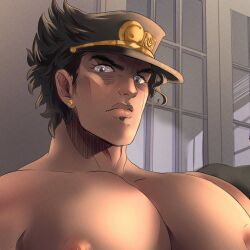 1boy black_hair blue_eyes earrings hat jojo's_bizarre_adventure jotaro_kujo jugocitx looking_at_viewer male male_nipples male_only stardust_crusaders