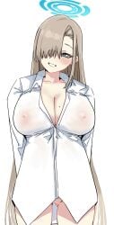 arms_behind_back asuna_(blue_archive) asymmetrical_wings berserkert blue_archive blush bottomless breasts cleavage collarbone covered_nipples cowboy_shot female hair_over_one_eye halo head_tilt highres large_breasts light_brown_hair long_bangs long_hair looking_at_viewer millennium_science_school_student mole mole_on_breast one_eye_covered oversized_clothes oversized_shirt see-through see-through_shirt shirt simple_background smile solo straight_hair uncensored very_long_hair white_background wings