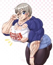 ass beefy beefy_girl big_breasts blue_eyes breasts extreme_muscles female grey_hair hair huge_breasts huge_muscles large_breasts muscles muscular muscular_arms muscular_female pecs pegius ripped_clothing tight_clothing tongue tongue_out uzaki-chan_wa_asobitai! uzaki_hana