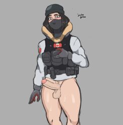 1futa 3rd_party_edit balls black_hair bottomless breasts clothed clothing erection frost_(rainbow_six) futa_only futanari human jumbogumbo light-skinned_futanari light_skin looking_at_viewer penis rainbow_six_siege short_hair solo source_request standing