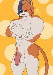 anthro balls calico_cat da1k1ra domestic_cat epic_games felid feline felis fortnite genitals humanoid_genitalia humanoid_penis looking_at_viewer male male_focus male_only mammal meowscles meowscles_(fortnite) muscular muscular_male nude penis purradise_meowscles simple_background smile solo tail