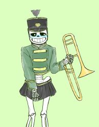 5_fingers animated_skeleton blue_blush blush clothed eli-sin-g embarrassed flushed flushed_face green_background hat kolesjoie looking_away monster musical_instrument sans sans_(undertale) simple_background skeleton skirt solid_color_background solo trombone undead undertale undertale_(series) uniform