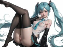 ai_generated ass_visible_through_thighs blue_eyes blue_hair blush breasts eyumyum feet hatsune_miku long_hair medium_breasts nipples nipples_visible_through_clothing pussy see-through shoulders skirt stable_diffusion stockings thick_thighs thighs twintails upskirt