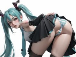 ai_generated ass ass_focus bent_over big_ass big_butt blue_eyes blue_hair blush butt butt_focus eyumyum hatsune_miku long_hair medium_breasts nipples_visible_through_clothing panties pussy skirt stable_diffusion striped_clothing striped_panties stripes thighhighs thighs tie twintails upskirt