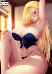 1girls armpits artist_name big_lips black_panties black_underwear blonde_hair blue_eyes blurry blurry_background breasts busty cleavage clothing curvaceous female female_only fullmetal_alchemist fullmetal_alchemist_brotherhood hair_covering_eye hair_over_one_eye hi_res high_resolution huge_breasts indoors large_breasts light-skinned light-skinned_female lips long_hair looking_at_viewer midriff navel ohdax olivier_mira_armstrong one_arm_up panties parted_lips sitting solo thick_lips thick_thighs thighs thong underwear