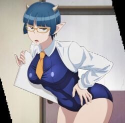 ass blue_mizugi breasts clothing demon_girl demon_horns glasses green_eyes hips horns large_ass large_breasts level_1_demon_lord_and_one_room_hero looking_at_viewer mizugi monster_girl screencap screenshot stitched thick_thighs thighs tummy wide_hips zenia_(level_1_demon_lord_and_one_room_hero)