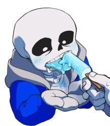 animated_skeleton basho_lizard blue_blush blue_hoodie blue_jacket blue_popsicle blue_tongue blush clothed ectotongue gloves hooded_jacket hoodie ice_cream jacket monster not_porn pixiv_id_7835302 popsicle sans sans_(undertale) skeleton solo_focus submissive suggestive suggestive_food tongue tongue_out undead undertale undertale_(series) upper_body white_background