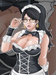 black_hair boob_window bowtie bowtie_collar ear_ring ear_rings erothicc female french_maid_nidalee gem_on_forehead glasses green_eyes green_eyes_female hair_tied jewel_on_forehead large_breasts league_of_legends maid_apron maid_headdress maid_outfit maid_uniform nidalee ponytail riot_games solo solo_female solo_focus the_grind_series tribal_markings tribal_tattoo tribal_tattoos