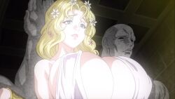 1girls aphrodite aphrodite_(shuumatsu_no_valkyrie) blonde_hair blue_eyes breast_grab breast_hold breast_lift breasts huge_breasts large_breasts record_of_ragnarok screencap shuumatsu_no_valkyrie