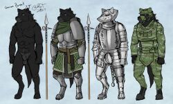 2023 anthro armor black_body black_fur blokfort boots bottomwear canid canine canis clothing footwear fur grey_eyes hounskull male mammal medieval_armor medieval_armour medieval_clothing melee_weapon military_clothing military_uniform model_sheet pants polearm polehammer simple_background spear standing uniform war_hammer weapon wolf