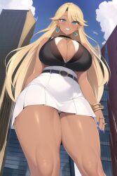 ai_generated big_breasts blonde_female blonde_hair blonde_hair blue_eyes breasts chibi_mann city dark-skinned_female dark_skin earrings giantess gyaru height_difference hips long_hair looking_at_viewer looking_down looking_down_at_viewer pov size_difference solo solo_female thick_thighs thighs wide_hips