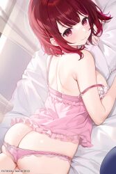 arima_kana big_breasts blush blushing frilled_dress frilled_panties large_ass lying_on_bed lying_on_stomach machi_(7769) medium_breasts oshi_no_ko pants_down patreon_username red_eyes red_hair short_hair