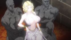 1girls aphrodite aphrodite_(shuumatsu_no_valkyrie) blonde_hair blue_eyes breast_grab breast_hold breast_lift breasts hips huge_breasts large_breasts record_of_ragnarok screencap shuumatsu_no_valkyrie thighs tummy