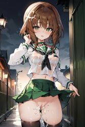 1girls after_sex ai_generated alley cum_drip cum_in_pussy female girls_und_panzer midriff night nishizumi_miho ooarai_school_uniform pixai public public_exposure self_upload skirt_lift skirt_lifted_by_self solo thighhighs