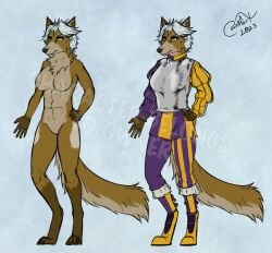 2023 anthro armor blokfort breasts brown_body canid canine canis clothing coyote female fur genitals green_eyes grey_hair hair hi_res landsknecht mammal medieval medieval_armor medieval_armour medieval_clothing model_sheet nude pussy simple_background solo