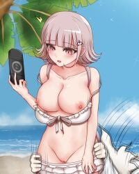 accidental_exposure assisted_exposure beach bikini bikini_bottom bikini_top breasts censored censored_pussy danganronpa danganronpa_2:_goodbye_despair exposed_breasts exposed_pussy gon_(congchuabuoito) large_breasts mosaic_censoring nagito_komaeda nanami_chiaki pantsing psp pussy super_danganronpa_2 swimsuit