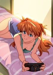 1girls accidental_exposure areolae asuka_langley_sohryu blue_eyes breasts cleavage clothed down_blouse erect_nipples female fully_clothed looking_at_viewer neon_genesis_evangelion nipple_slip nipples on_bed on_front optionaltypo red_hair shorts small_breasts smile smiling smiling_at_viewer solo wardrobe_malfunction