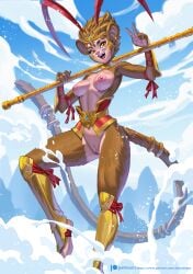 alanscampos breasts brown_fur furry genderswap_(mtf) holding_weapon journey_to_the_west monkey_girl nude open-mouth_smile orange_eyes public_domain pussy rule_63 sun_wukong v