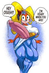 anthro balls big_balls big_breasts big_penis big_testicles bimbo blonde_female blonde_hair breasts coco_bandicoot crash_(series) cum dickgirl dungarees futanari giant_penis gigantic_penis goudadunn huge_ass huge_balls huge_breasts huge_butt huge_cock huge_penis huge_testicles large_penis massive_cock massive_penis penis precum precum_drip solo speaking testicles