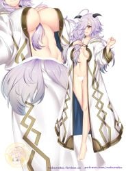 1girls ahoge alternate_costume areola_slip ass ass_focus bare_legs bare_midriff barefoot between_breasts big_ass breasts censored coat commission cosplay eitr_(fire_emblem) female female_only fire_emblem fire_emblem_heroes frown full_body grey_hair hair_censor hair_over_one_eye heart heart_censor highres horns kiran_(fire_emblem)_(cosplay) large_breasts legs long_hair long_sleeves midriff multicolored_hair multiple_views nabunabu naked_coat navel nintendo nipples nude nude_female patreon_username pink_hair red_eyes robe simple_background solo standing very_long_hair wavy_hair white_background white_robe