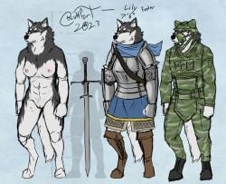 2023 anthro armor blokfort blue_eyes boots bottomwear breasts brown_eyes canid canine canis clothing domestic_dog female footwear fur genitals grey_body grey_fur heterochromia husky mammal medieval_armor melee_weapon military_clothing military_uniform model_sheet nipples nordic_sled_dog nude pussy scarf simple_background skirt spitz sword uniform weapon white_body white_fur zweihander