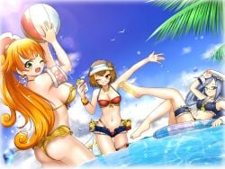 3girls arm_out arms_up ass beach beach_ball belly big_breasts blue_eyes blue_hair blush bow breasts brown_eyes brown_hair collar cooler coppermine_(battle_cats) cuffs curled_hair ear earrings extremely_long_hair feet female female_only firm_breasts flower flower_earrings flower_in_hair glasses green_eyes hair_ornament highres ice_cream innertube jean_shorts kai_(battle_cats) kuu_(battle_cats) large_breasts laying_on_back legs_up long_hair looking_at_viewer looking_back_at_viewer medium_breasts palm_tree ponytail reclining ripped_shorts sailor_bikini sailor_hat sailor_uniform seagull short_hair sideboob smiling sparks splashing sunflower the_battle_cats thick_thighs thigh_strap tie tight_ass towel visor water water_wings wink winking_at_viewer wrist_cuffs