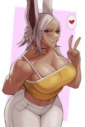 1girls 2023 abs animal_ears arm_behind_back artist_name belly_button biceps big_breasts blush blushing_at_viewer boku_no_hero_academia bottomwear breasts busty cleavage cleavage_overflow clothed clothed_female clothes clothing crop_top curvaceous curvy curvy_female dark-skinned_female dark_skin eyelashes female front_view fully_clothed gesture gud0c hi_res jeans large_breasts legs_together looking_at_viewer medium_hair midriff miruko muscular_arms muscular_female my_hero_academia nail_polish navel pants peace_sign pink_background pink_nails pose posing rabbit_ears rabbit_humanoid red_eyes rumi_usagiyama simple_background smile smiling smiling_at_viewer solo standing stomach straight_hair tank_top teeth thick_thighs thighs topwear usagiyama_rumi veiny_breasts voluptuous white_hair wide_hips