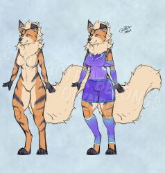 2023 anthro arcanine big_tail blokfort blue_eyes bottomless bottomwear breasts canid canine clothed clothing female fur generation_1_pokemon genitals hi_res legwear leotard mammal model_sheet nintendo nude orange_body pokemon pokemon_(species) pussy shorts simple_background standing stockings tail topless windie