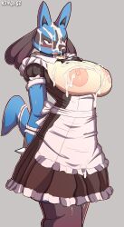 anthro anubian_jackal blush breasts cum cum_on_body cum_on_breasts cum_on_face female female_focus female_lucario female_only grey_background jackal kings-gz large_breasts lucario maid maid_apron maid_uniform nipples pink_nipples pokemon pokemon_(species) red_eyes tagme