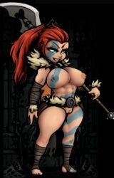 1girls abdominals abs arm_wrap arm_wrapping arm_wraps armed armor bardiche blue_paint body_paint breasts brown_clothes clothed clothing cute_girl darkest_dungeon determined female female_only fur fur_collar fur_lined_clothing fur_trim grin grinning hand_wraps heart heart_cutout heart_icon heart_pendant hellion_(darkest_dungeon) holding holding_object holding_weapon human humanoid large_breasts leather_armor leg_wrap leg_wrapping leg_wrappings leg_wraps light-skinned_female light_skin long_hair long_ponytail mostly_nude mostly_nude_female muscular muscular_female naked nipples_visible_through_clothing nude nude_female paint pendant polearm ponytail pussy red_hair red_ponytail skimpy skimpy_armor skimpy_clothes skimpy_costume skimpy_outfit small_feet smile smiling solo solo_female stripes thick_thighs thighs triceps uncensored unconvincing_armor war_paint warpaint wild_hair xelsword