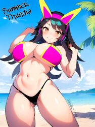 ai ai_generated beach belly_button big_breasts bikini blush fat_thighs headphones long_hair looking_at_viewer smiling tagme the_battle_cats thundia